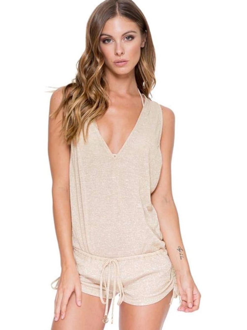 Luli Fama Gold V-Neck Swim Coverup Romper